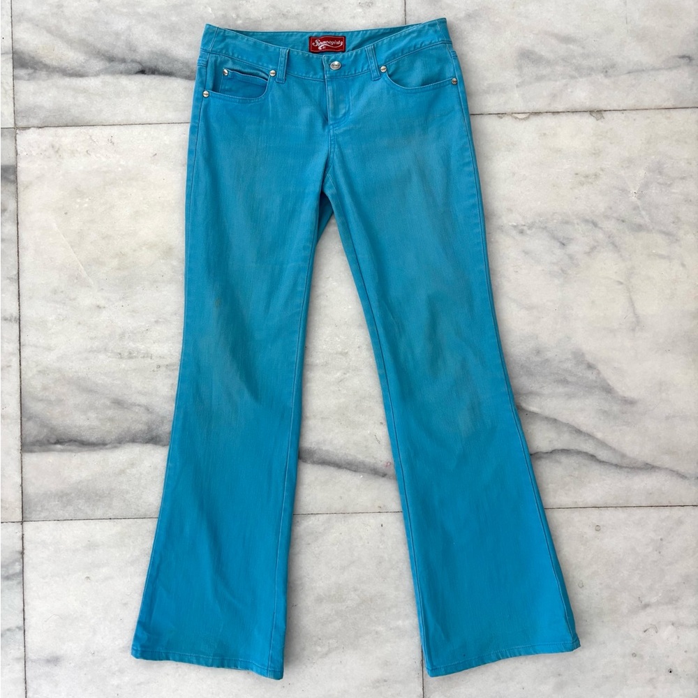 Y2K VTG Space Girlz Jeans Low Rise Flare Turquoise Blue Womens 7 Boho Hippie